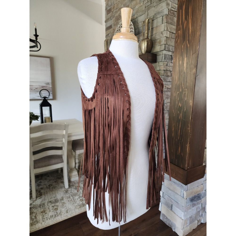 Blu Pepper Brown Faux Suede Long Fringe Vest Boho Western Small NWT